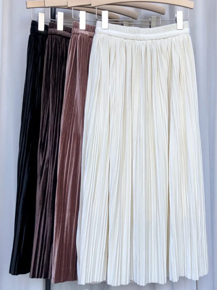 

Elegant Women High Waist Midi Pleated Skirt A Line Skirt Solid Color Temperament Comfort Simple Office Lady Long Skirt