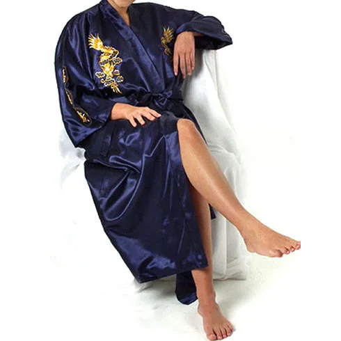 Oversized Size 3XL Chinese Women Silky Robe Nightgown Traditional Embroidery Dragon Kimono Bath Gown Sexy Sleepwear