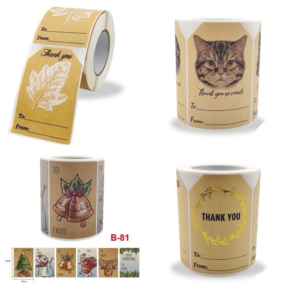 

250pcs/roll Kraft Paper Rectangle Shape Thankyou Merry Christmas Gift Card Adhesive Sticker Gift bag wrapping paper decoration