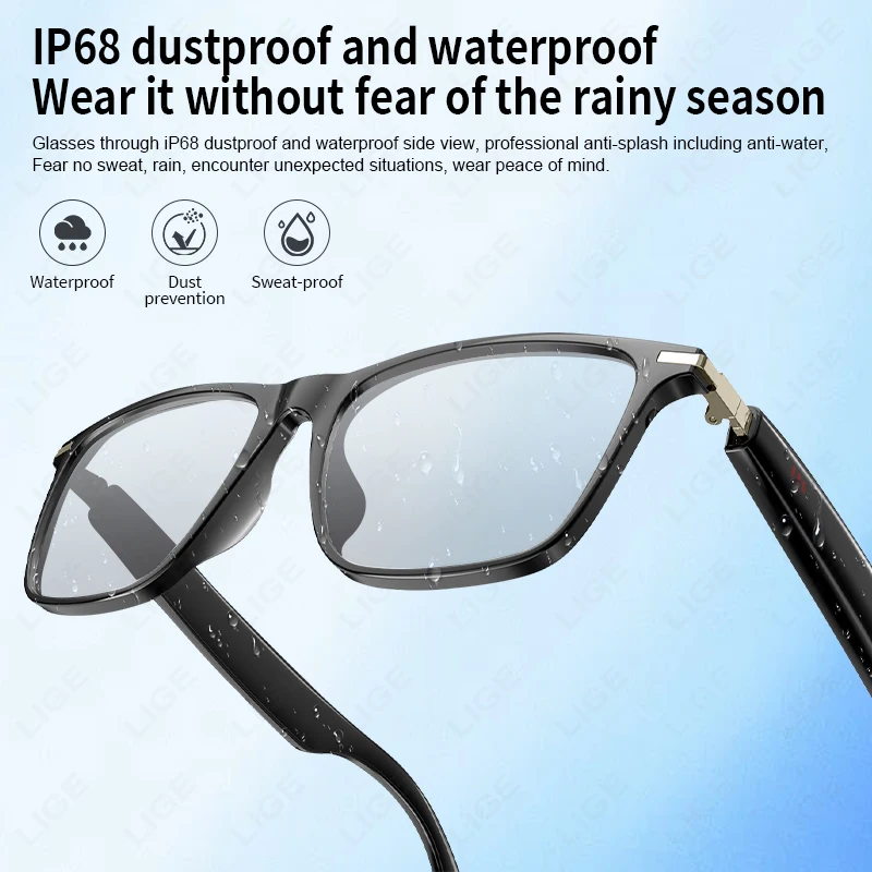 LIGE 2025 New Smart Glasses Sunglasses Bluetooth Headphones Anti Blue Light UV Protection Lenses Waterproof Eyeglasses Men Women