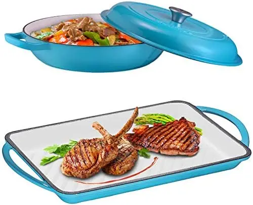 

Cast Iron 2 Piece Gift Set, 3.8 Quart Braiser Pan with Lid, Rectangular Grill Pan Cookware Set, Marine Blue