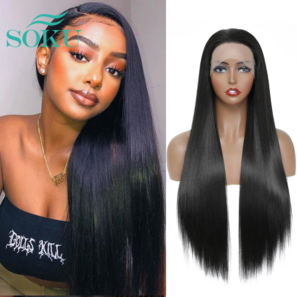 

SOKU 13X1.5 Synthetic Lace Front Wigs Free Part Glueless Heat Resistant Black Women Long Straight With Baby Hair 29inch Lace Wig