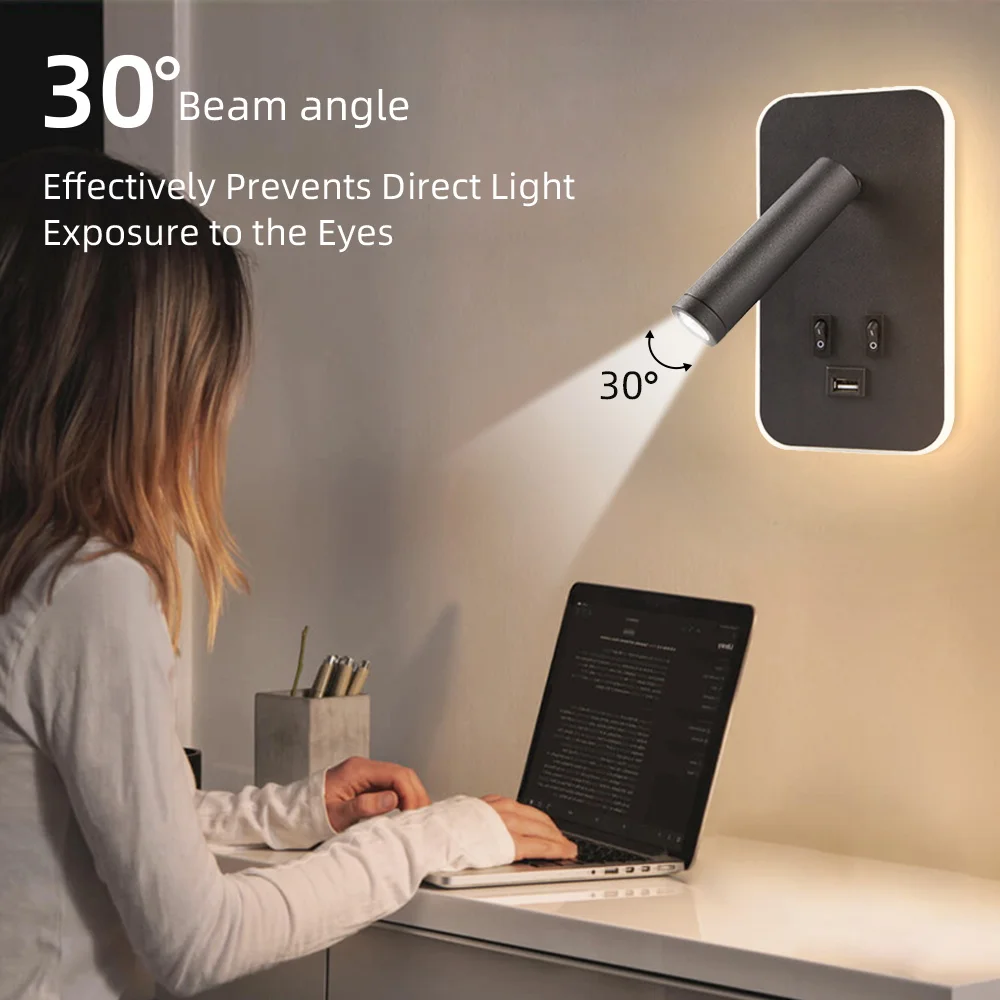 Bedside Wall Lamp with Switch and USB Port Wall Mounted Reading Spot Lights Bedroom Sconce Rotatable Led Light Cabinet led light led wall lamp wall light led reading light