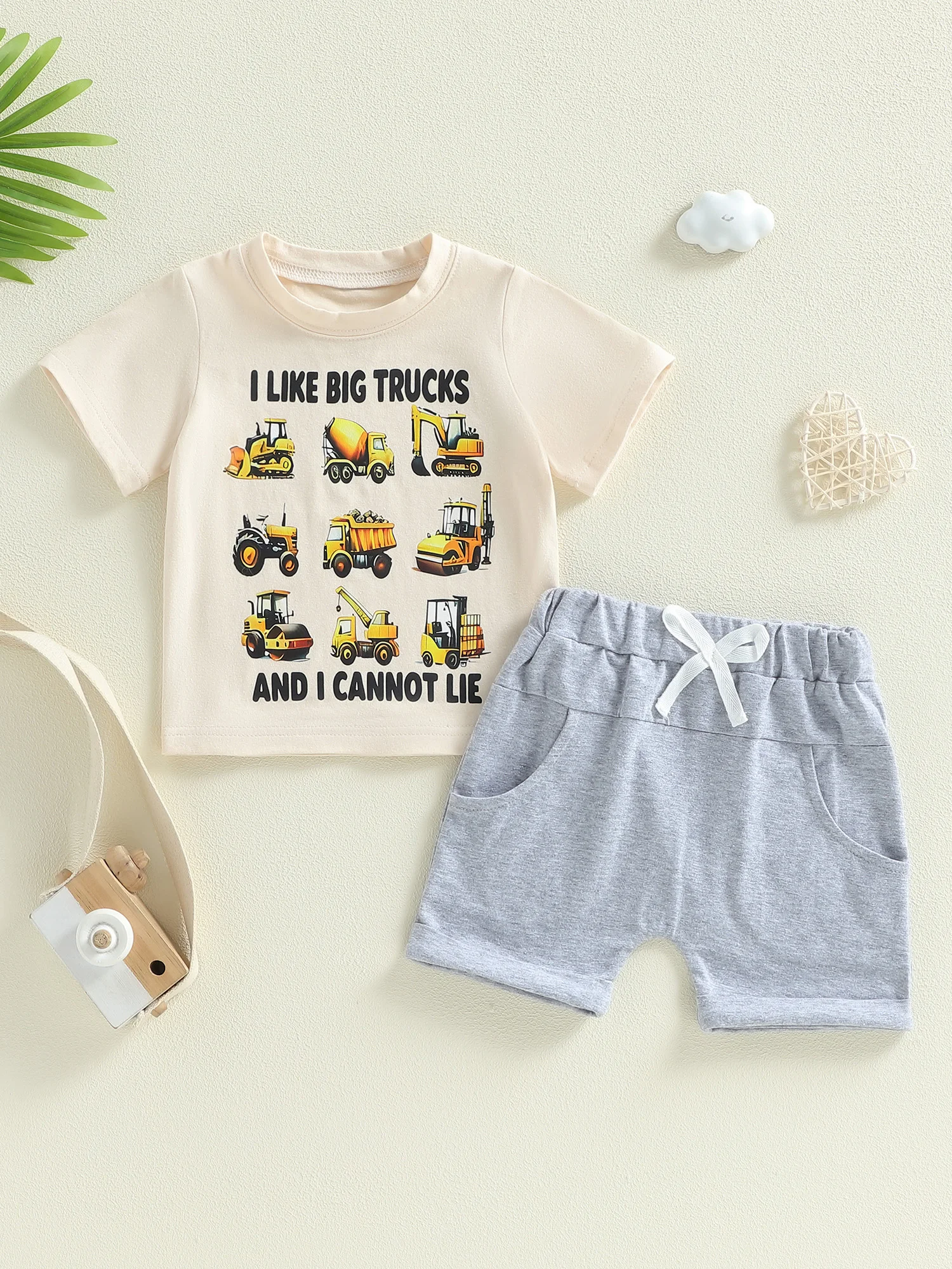 Cute Baby Boy Dinosaur Print Short Sleeve Crew Neck T Shirt Solid Color Elastic Waist Shorts 2 Piece Outfit Set for Summer