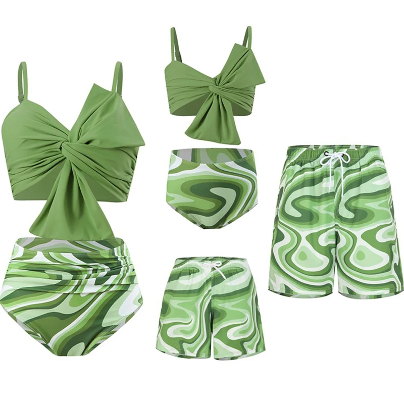 Leaf Print Swimwear Family Matching Outfits Look Mother Daughter Bikini Swimsuits Mommy and Me Clothes Dad Son Swimming Trunks 3
