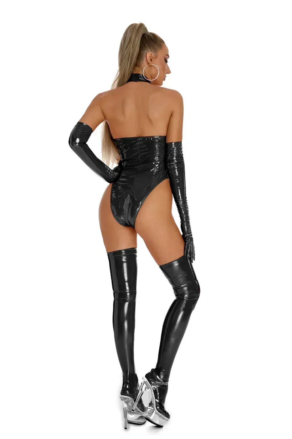 Sexy PU Leather Bodysuit Women Erotic Skinny Wetlook Latex Lingerie Porno Zipper Open Crotch Leotard Crotchless