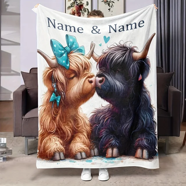 Customized name highland cow blanket personalized text, comfortable flannel blanket suitable for all seasons Customized name highland cow blanket personalized text, comfortable flannel blanket suitable for all seasons
