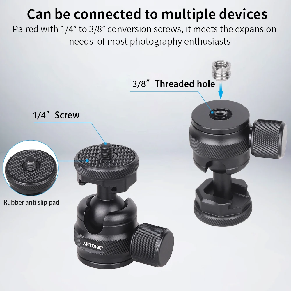 ARTCISE CB21 Mini Tripod Ballhead Low Profile Panoramic Double U-shaped with Cold Shoe for Camera Microphone Fill Light Monopod