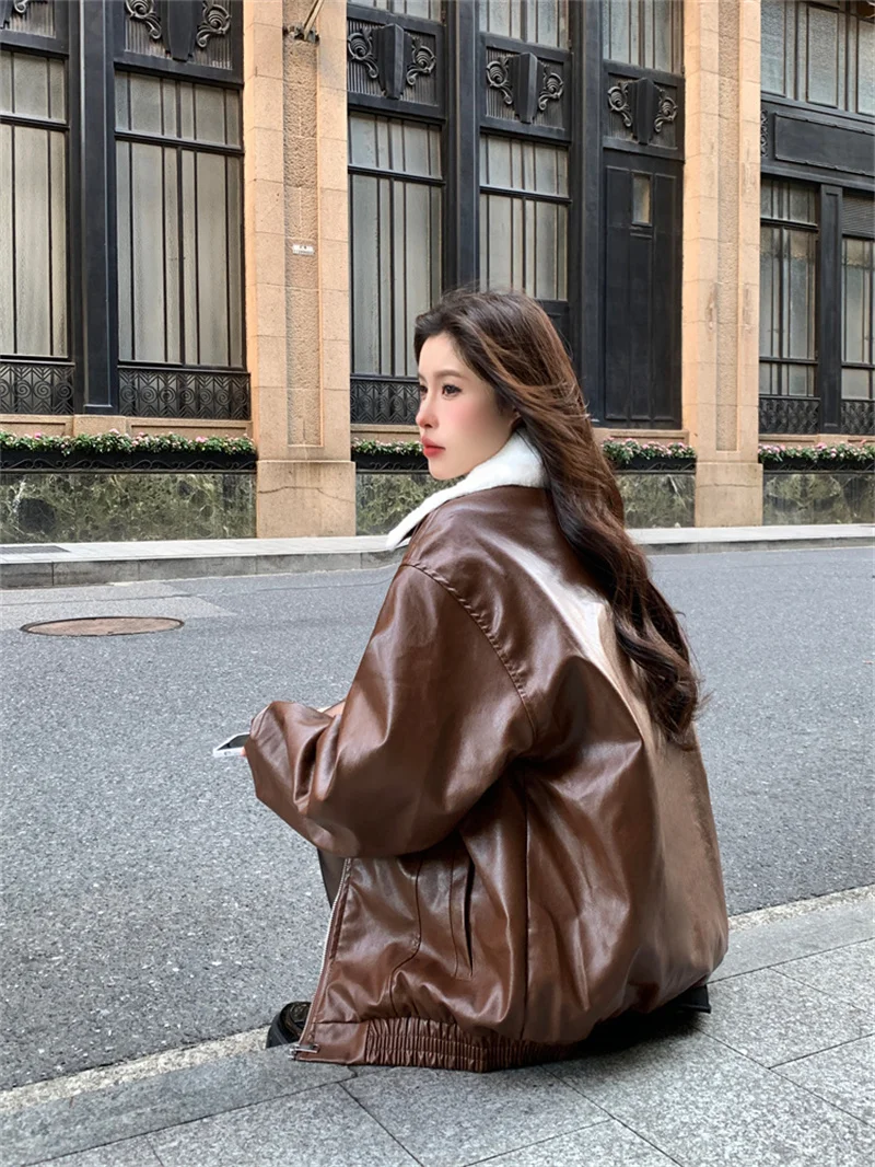 American retro rabbit plush PU leather jacket for women in 2024 winter  style luxurious loose plush warm jacket jacket jacket WL