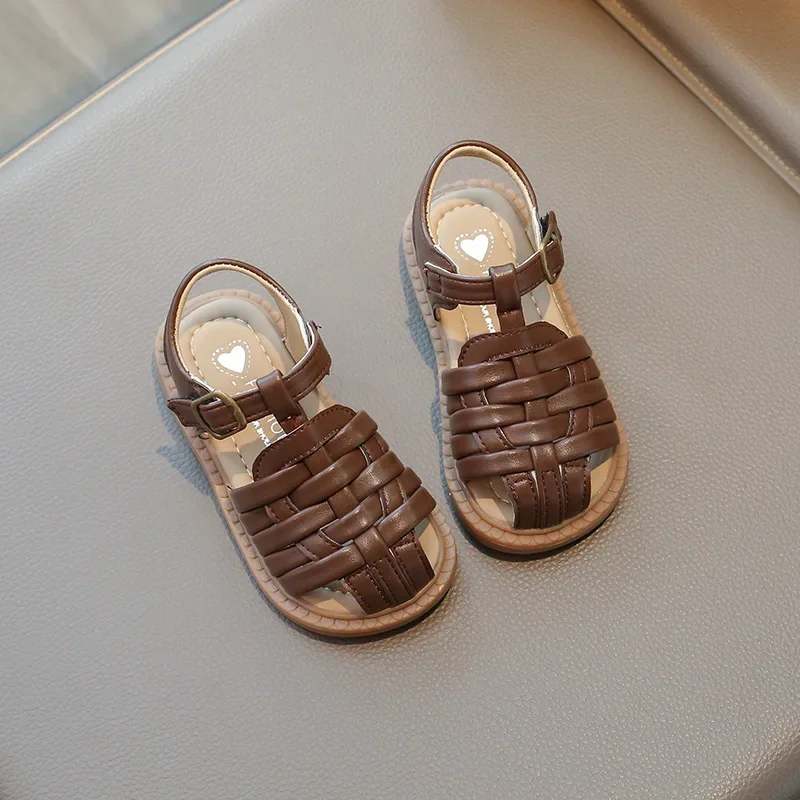 Children's Sandals Solid Color Kids Causal Braided Beach Sandals for Boys Girls Versatile Fashion Toddlers Cut-outs Flat Sandals 5