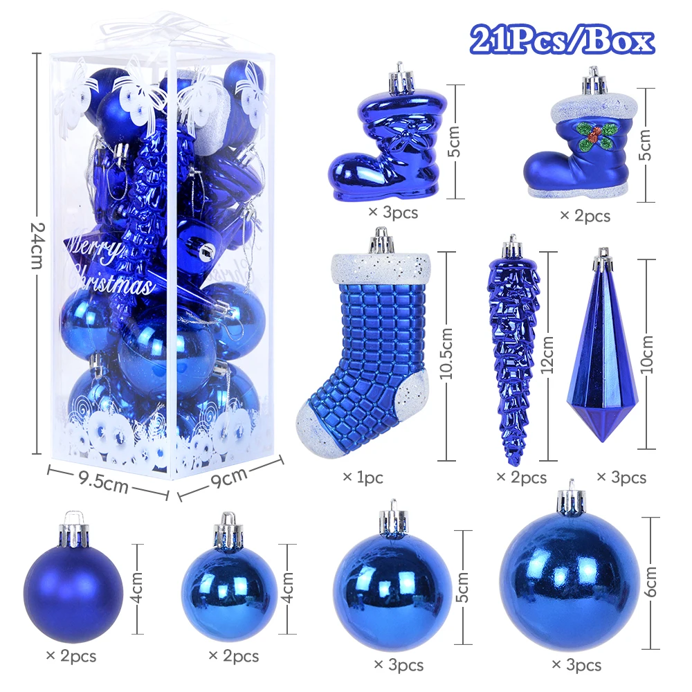 thumbnail image 1 of 21 piezas/caja de bolas navideñas con purpurina azul y rosa, colgantes de medias de carámbanos, adornos colgantes para árbol de Navidad, decoración navideña para el hogar, Navidad, 1 of 5