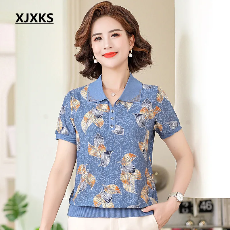 

XJXKS 2022 Summer New Loose Large Size Female T-shirt Comfortable Ice Silk Fashion Lapel Women's Short-sleeved Top