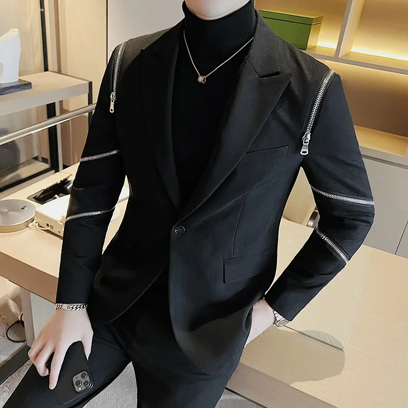 Men Slim Fit Casual Suit Jacket Wedding Business Dress Blazer Banquet Singer Stage Men Clothing Zipper Decoration Tuxedo