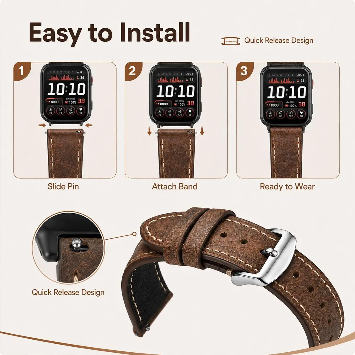 Retro Vegan Leather Watch Strap - Detachable Wrist Band
