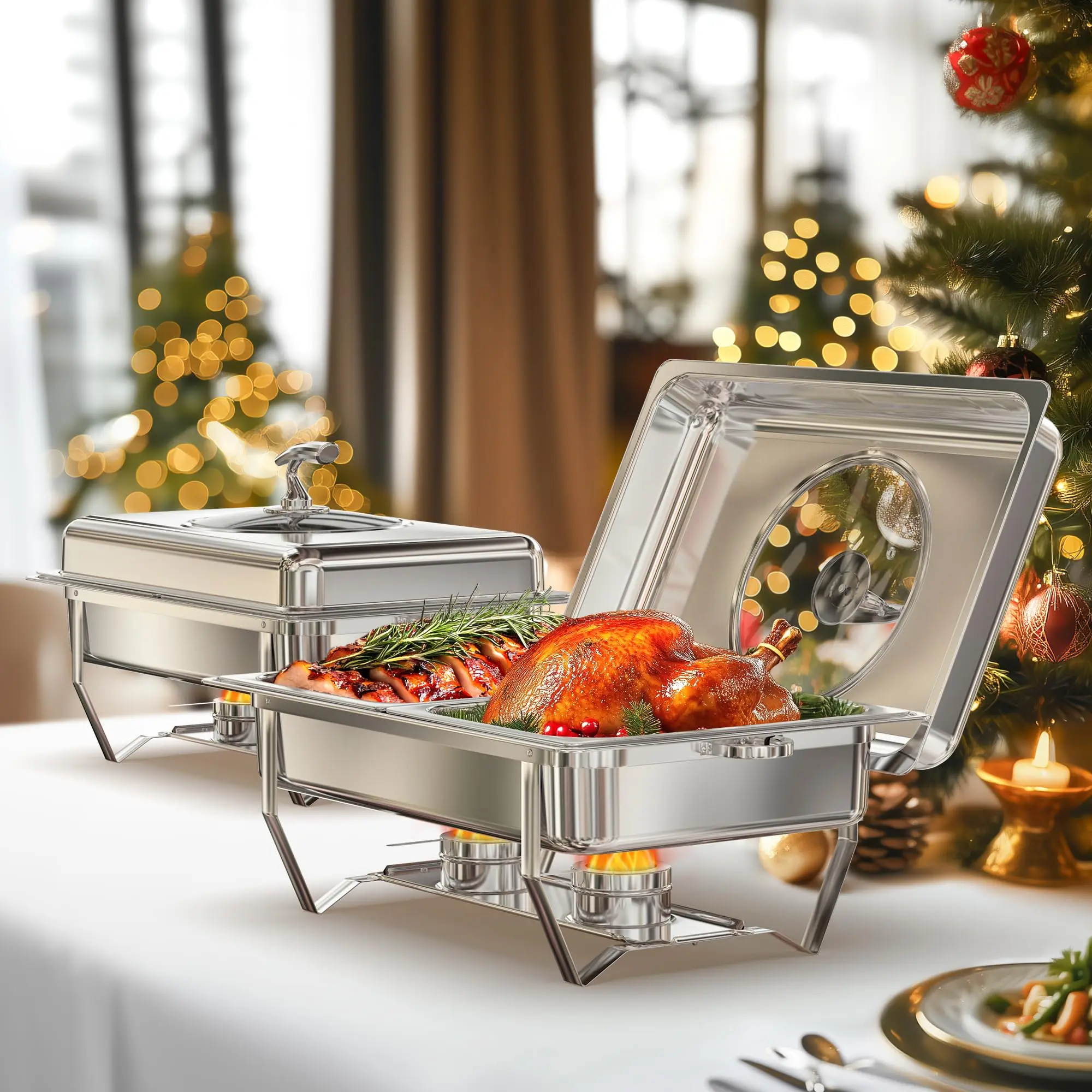 Stainless Steel Chafing Dishes Set with Foldable Glass Lid for Buffet