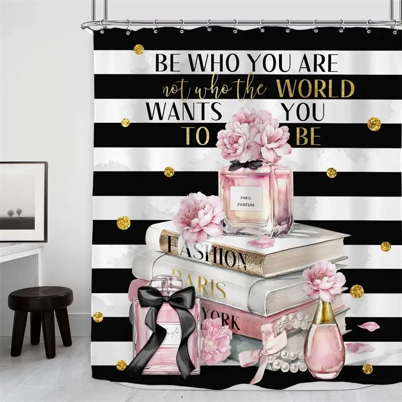 Pink Perfume High Heel Shower Curtain Set Black White Stripes Fashion Girl  Woman Bathroom Decor Polyester Bathtub Curtains Hooks