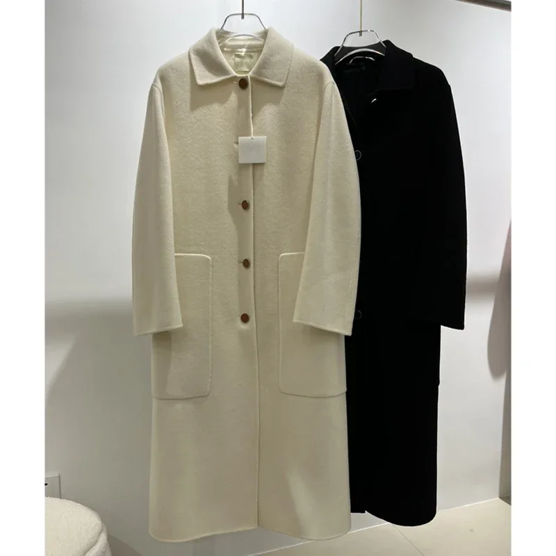 

Двубортное кашемировое Женское пальто, кожаная ультрадлинная куртка с карманами на пуговицах, роскошный брендовый однобортный Классический плащ с лацканами