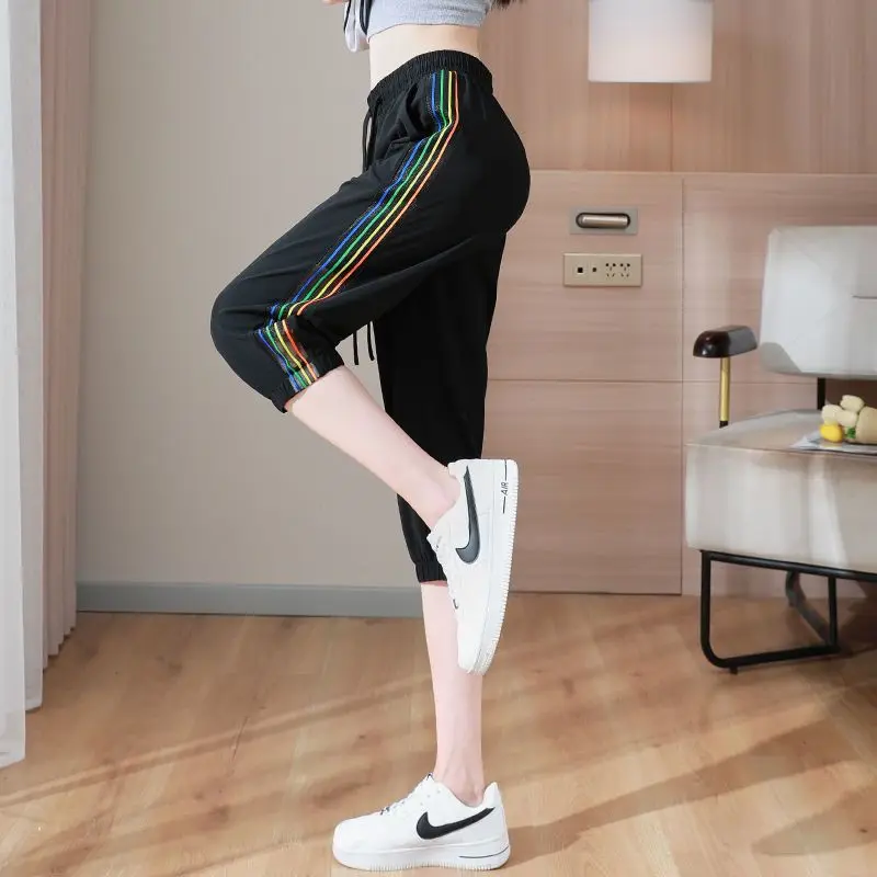 Women's Summer Thin Ice Silk Quick Drying Sports Capris Colored Striped Pants High Waist Loose Casual Leggings Harlan Pants