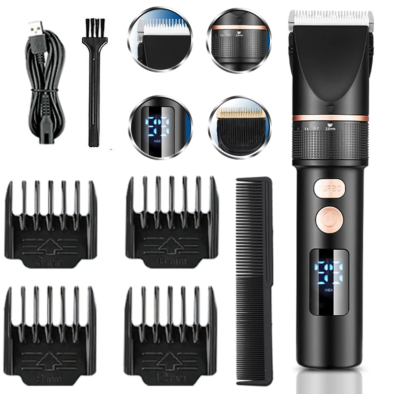 

Electric Hair Clipper Rechargeable Hair Trimmer Titanium Ceramic Blade Salon Men Hair Cutting Barber Machine LCD Display