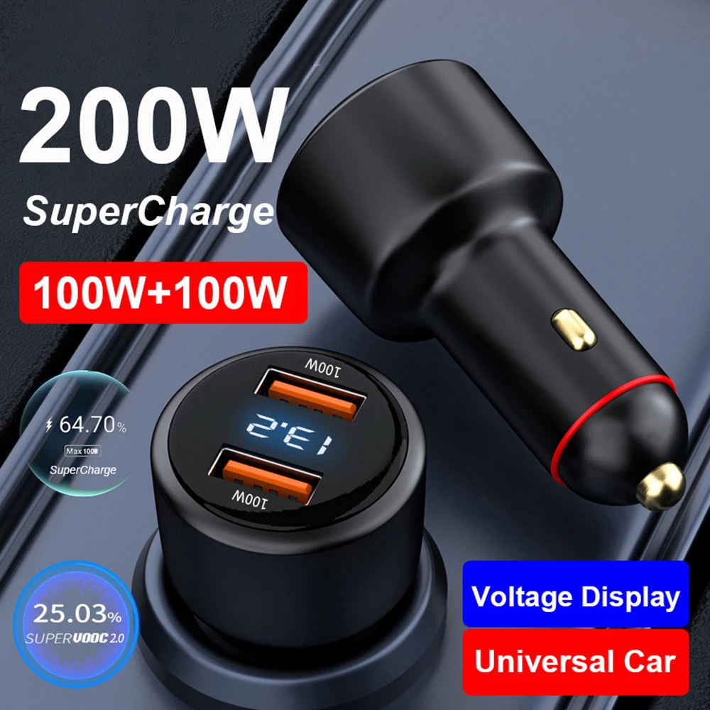 EONLIN Dual USB 200W USB Super VOOC Car Charger Voltage Display QC3.0 USB 100W 66W SuperCharge for Huawei Honor VIVO OPPO Xiaomi