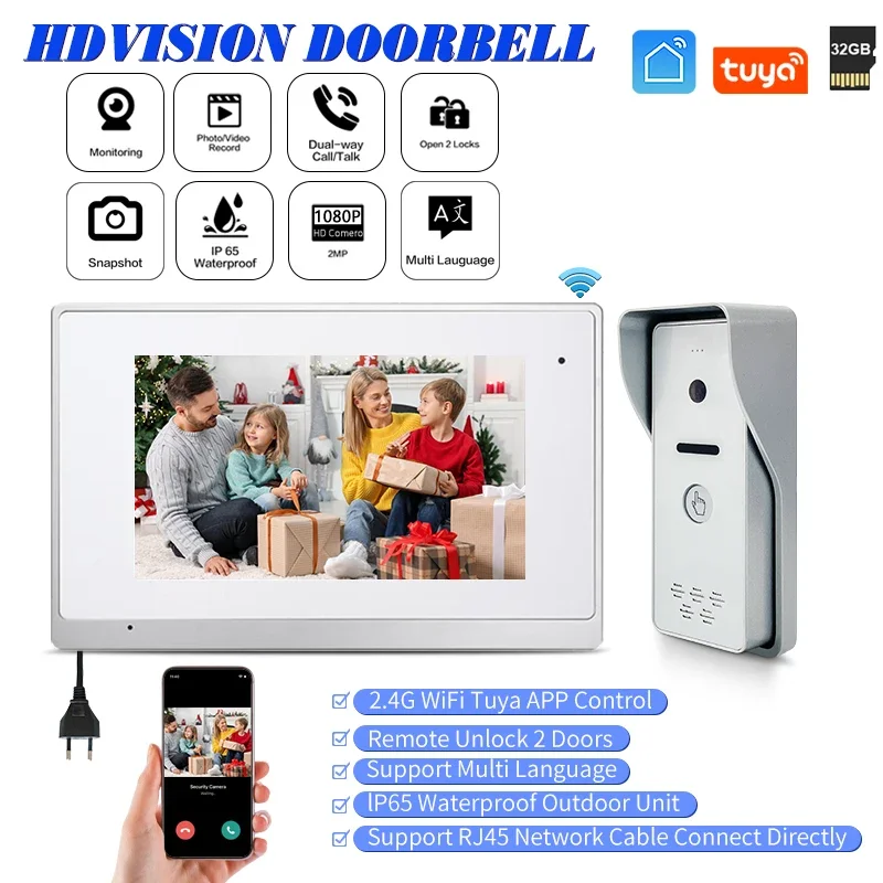 

User-friendly Tuya HD 1080P 7 Inch HD Screen Monitor Night Vision Door Entry System Videocitifono
