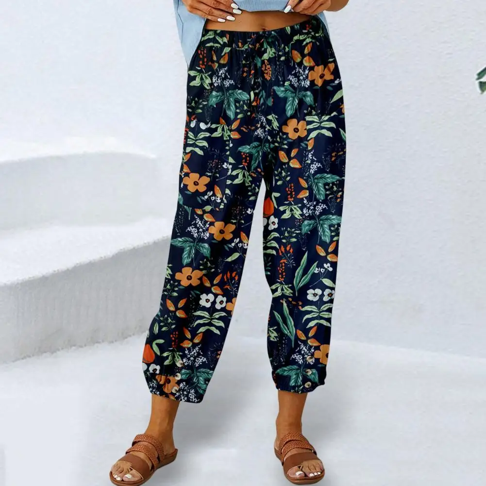 

Women Summer Pants Loose Drawstring High Waist Retro Print Daily Wear Comfortable Elastic Waist Lady Trousers Female Clothes