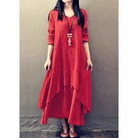 Robe asymétrique en coton et lin pour femme avec poches, col rond coréen, manches courtes, couleur unie, double couche irrégulière 6