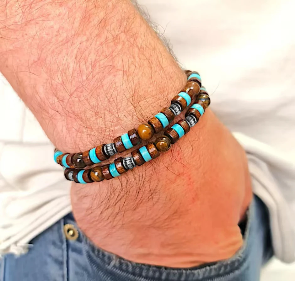 Vintage boho personality men's pine stone set necklace wood bead handmade beaded bracelet accessories 5