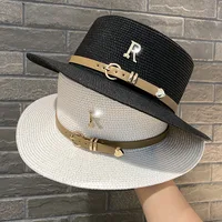 Summer Flat Top Straw Hats for Women New Metal R Letter Fashionable Beach Sun Hat Females Elegant Holidays Boater Hat 1