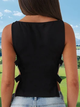 Women's Sleeveless Boat Neck Tank Tops with Side Buckle Detail - Solid Color Fit Vest for Summer Style 3