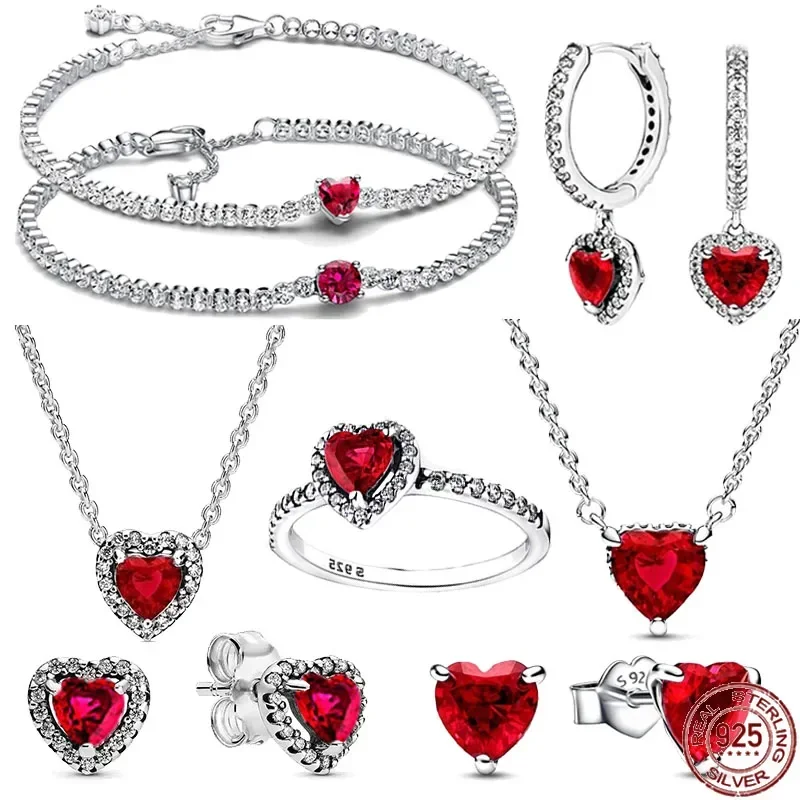 

Hot Selling 925 Sterling Silver Classic Shiny Red Heart-shaped Series Jewelry Earrings Bracelets Necklaces fit DIY Party Gifts