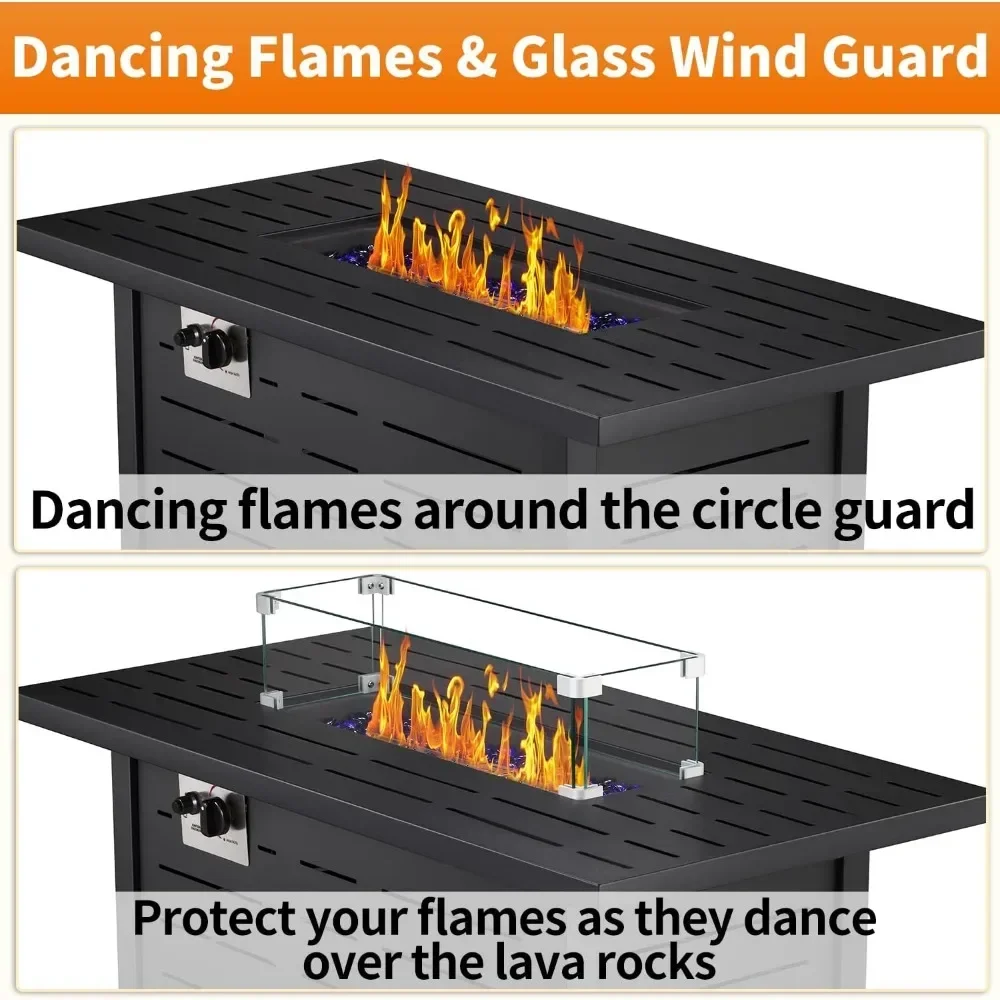 Propane Fire Pit Table with Blue Glass Rocks and Tempered Glass Wind Guard Outdoor Fire Pit with Lid and Rain Cover 43"