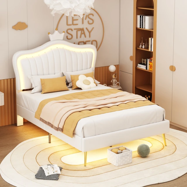 Lit enfant rembourré 90x200 cm, lit fille T1, lit double White Crown T1,  cuir PU, avec lumière LED, (sans matelas) - AliExpress