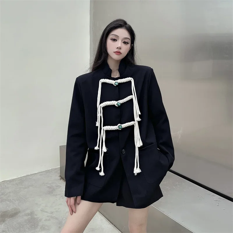 

Chinese Tunic Suit Style Tassel Button Up Black Jacket harajuku vintage gothic loose coat fall autumn woman man bf outfits 2023