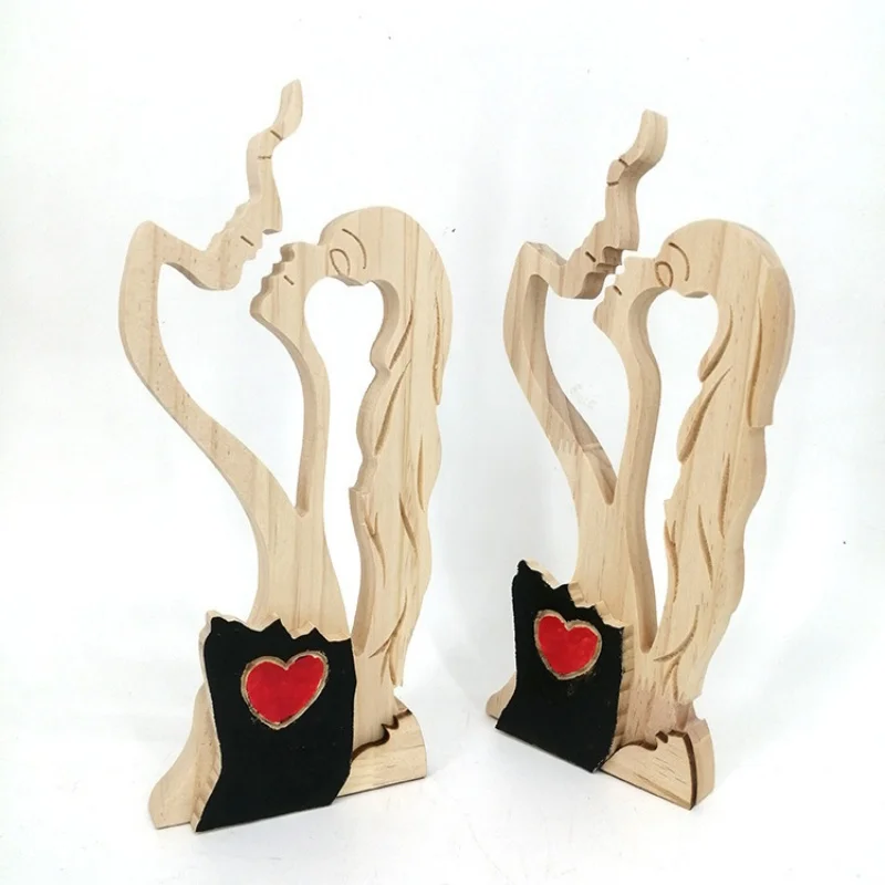 Valentine's Day Decor Love Eternal Wood Ornaments Heart Desktop Home Sculpture Couple Kissing Statue Love Art Ornaments Props