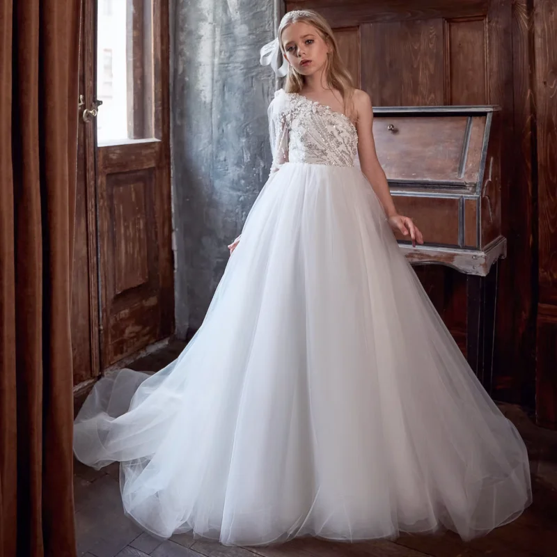 

White Flower Girl Dresses Tulle Sequin Pattern Appliques Single Shoulder For Wedding Birthday Party First Communion Gowns