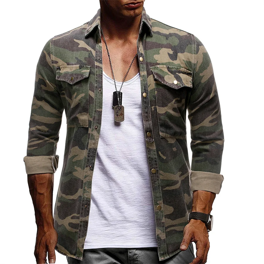New Men Denim Shirts Long Sleeve Slim Fit Cowboy Camouflage Shirt Jacket Man Casual Outdoor Climbing Tops Streetwear