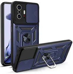 Shockproof Armor Case with Magnetic Holder Ring and Slide Camera Protector for Mi 11T (Navy Blue)