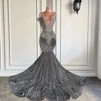 Sexy Long Sparkly Prom Dresses 2026 Sheer O-neck Luxury Silver Crystals Diamond Sequin Mermaid Black Girl Prom Party Gowns