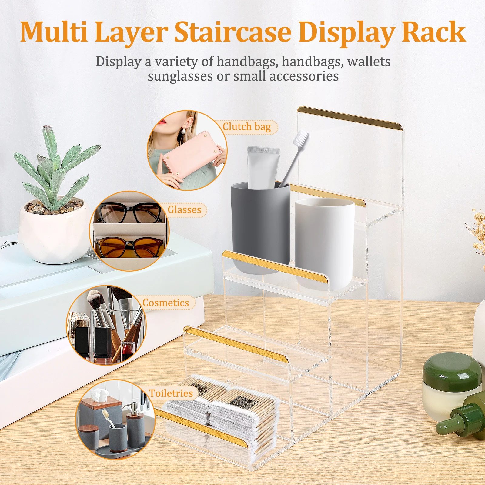 2Pcs Acrylic Riser Display Stands 3/4 Tier Clear Acrylic Display Shelf Clutch Bag Organizer Shelf Risers for Figures, Glasses
