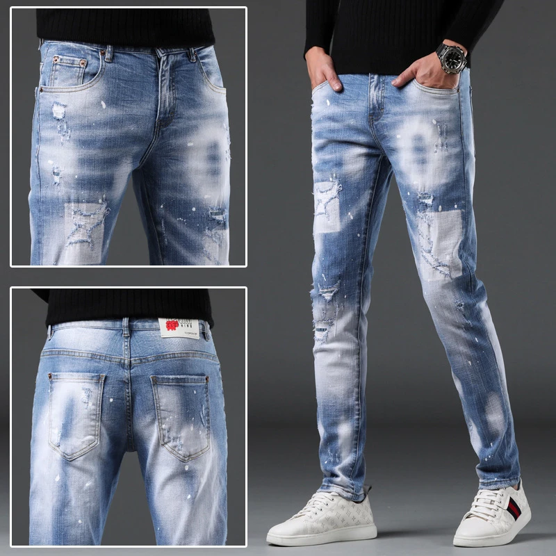 EH · MD Splash Paint Blue Jeans Men's Summer Slim Fit Cotton Casual Cat Must Do Old Pencil Pants Zipper Red Ear High Elasticity