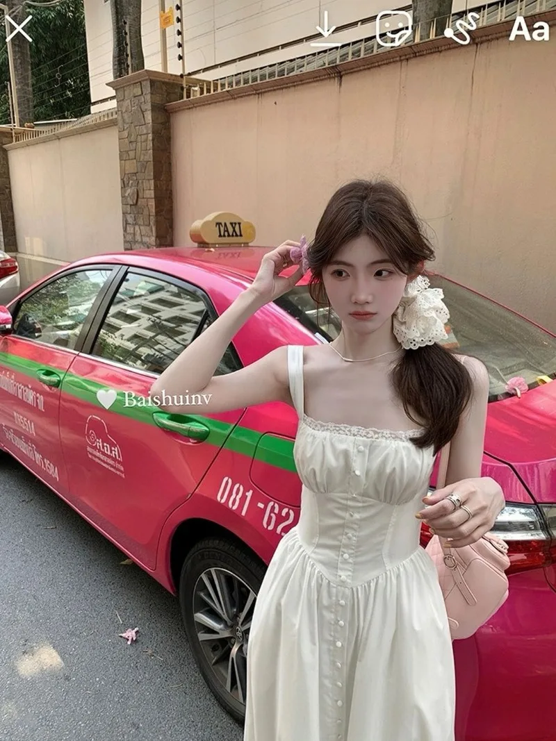 

Корейское модное белое платье Miiiix на бретельках, новинка 2024, женские летние кружевные облегающие трапециевидные длинные платья с надписью First Love, женская одежда