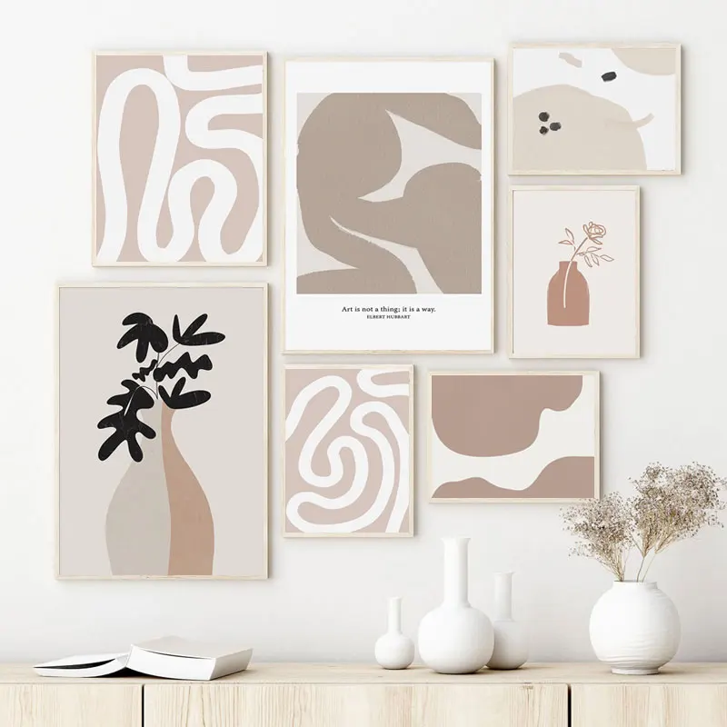 

Beige Neutral Abstract Poster Line Combination Art Print Shape Canvas Painting Vase Wall Art Pictures for Living Room Home Decor