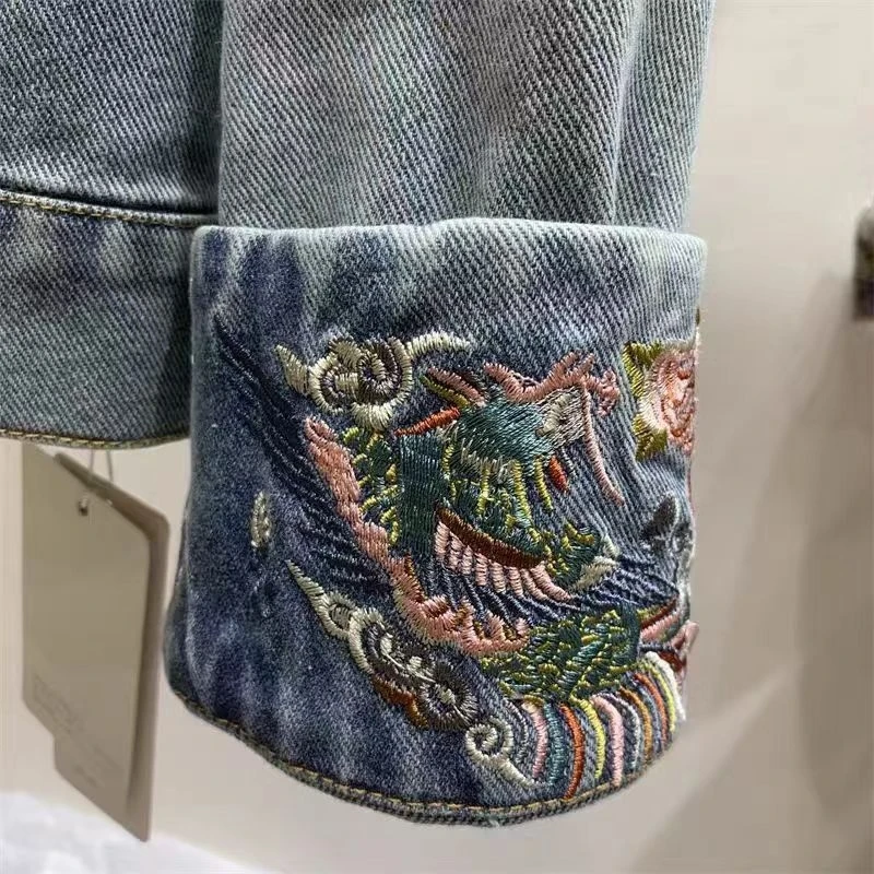 Spring Autumn Chinese Vintage Ethnic Disc Buckle Stand Collar Casual Denim Long-Sleeve Embroidery Jacket