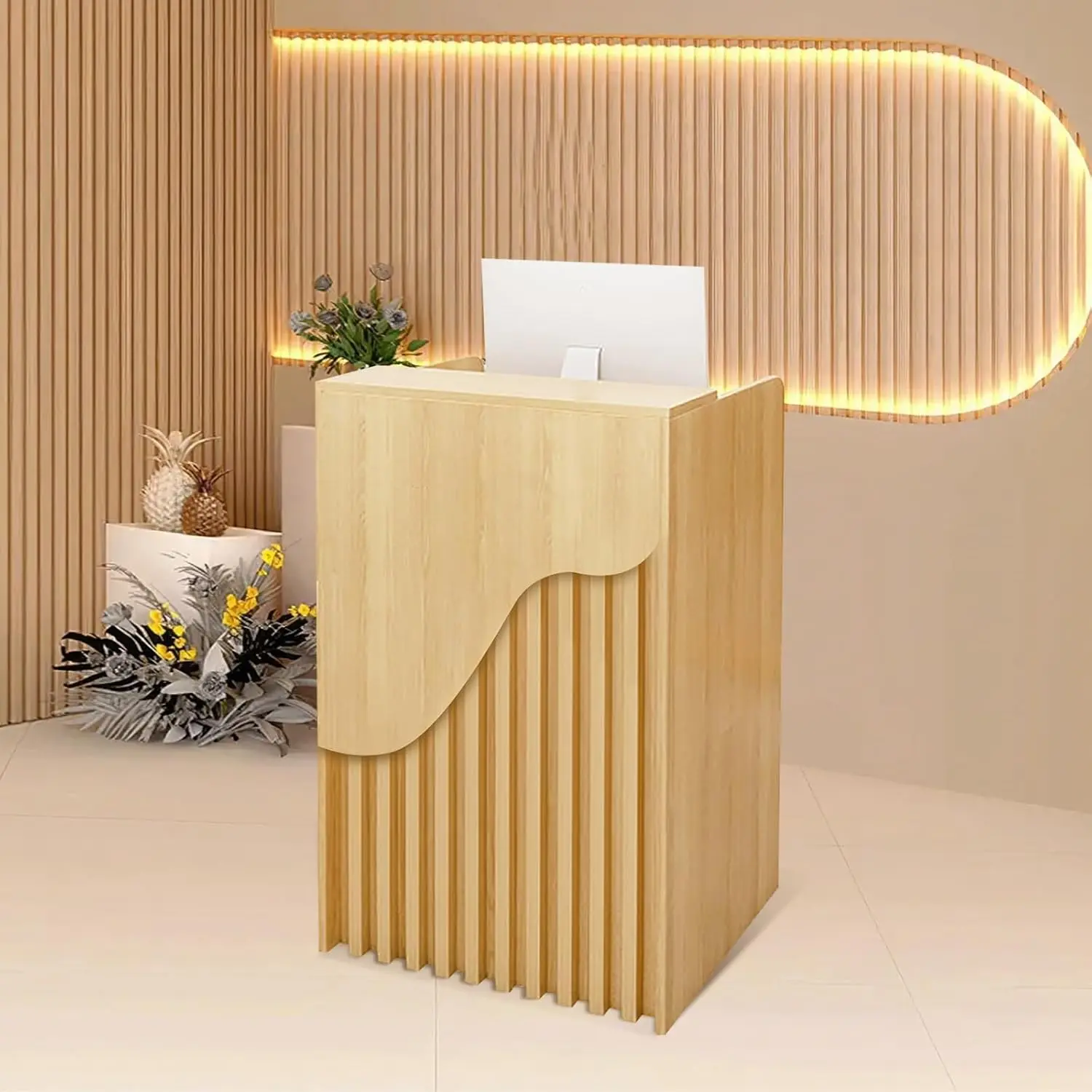 Modern Reception Desk With Counter 23.6In Open Front Desk Checkout Counter With Lockable Drawer Reception For Beauty Salon