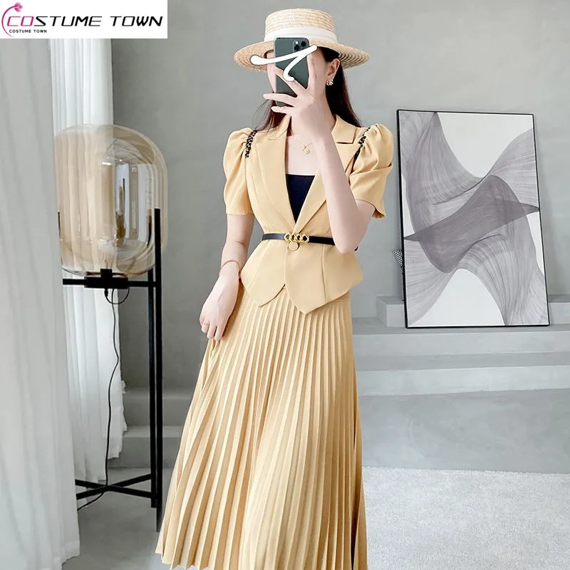 2023 Design Sense Niche Khaki Short Sleeved Suit Pleated Skirt Summer Temperament Half Body Skirt Women's Two-piece Set small group design temperament homemade hollowed out khaki suit jacket spring summer bra suspender short skirt high end