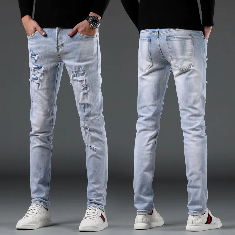 

Straight Hole Jeans Men Hip Hop Street Hip Hop Slim-fit Ripped Fashion Washed Four Seasons Casual Chic Long Denim Trousers