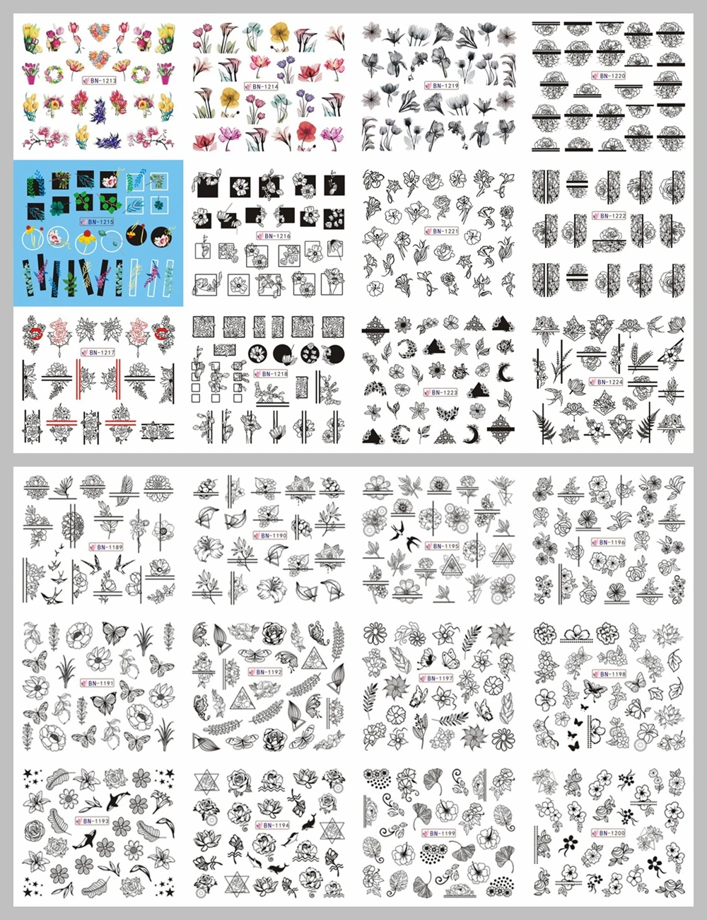 12patterns Black Flower Slider Nail Sticker Flower Water Transfer Decals Nail Art Tattoo Summer Salon Tips Accessories