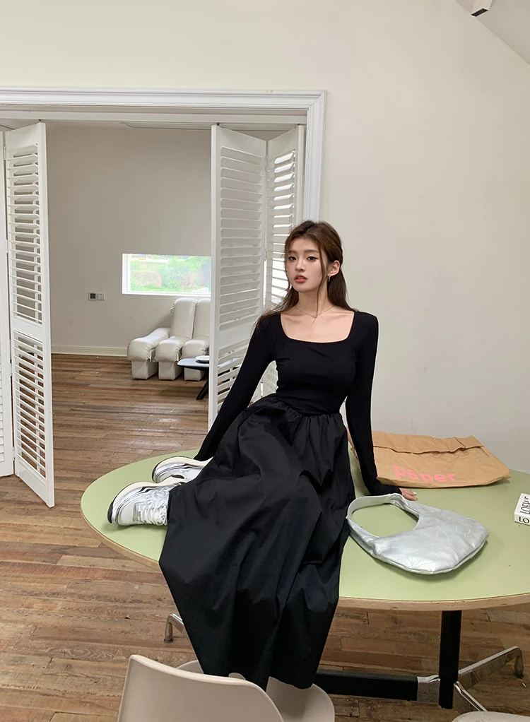 Casual Knitted Midi Dresses for Women Solid Long Sleeves Square Collar A-line Autumn New Elegant Dress Female Slim Vestidos