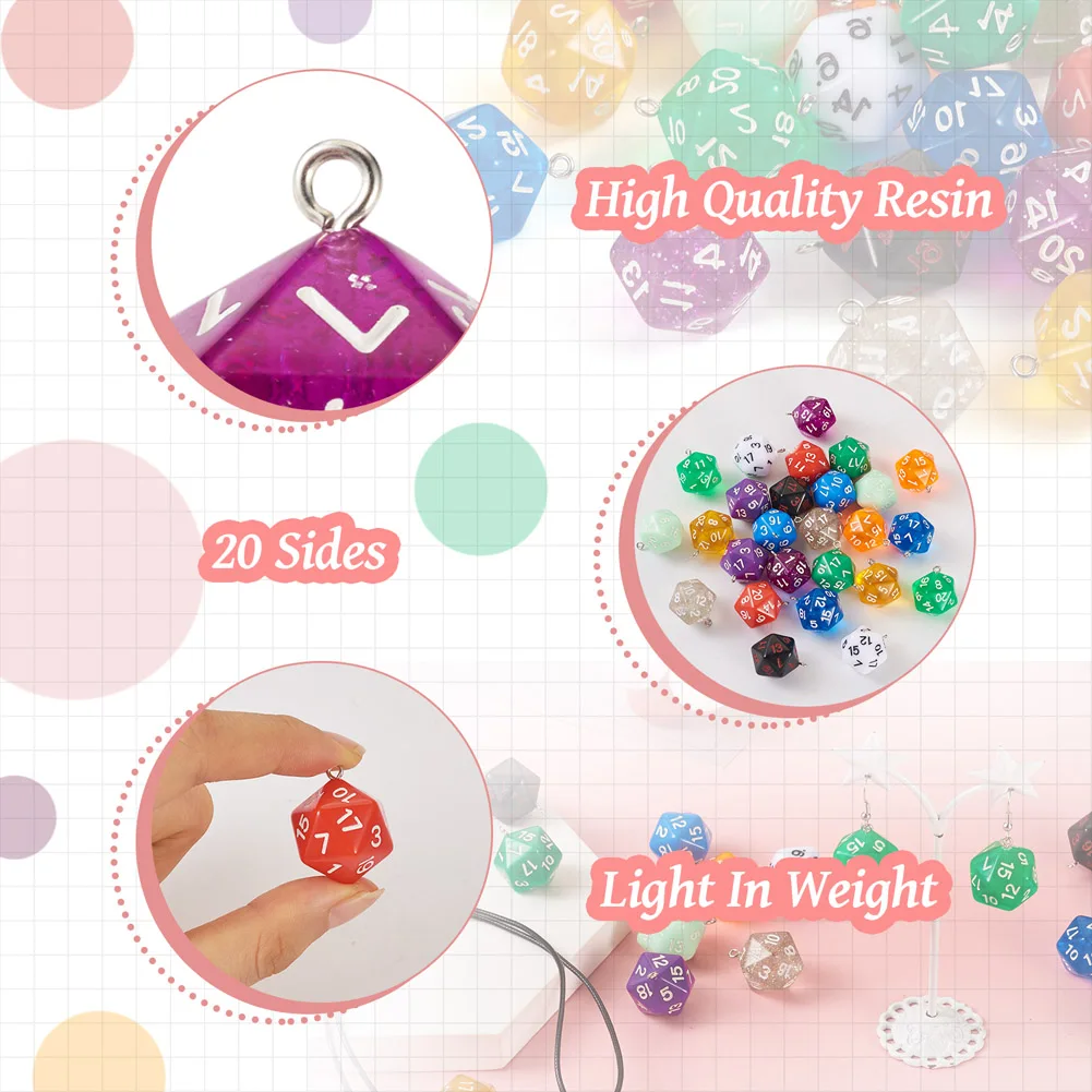 26pcs Resin Polyhedral Dice Pendants 20 Sided Dice Charm with Iron Loops for Jewelry Making DIY Bracelet Necklace Findings